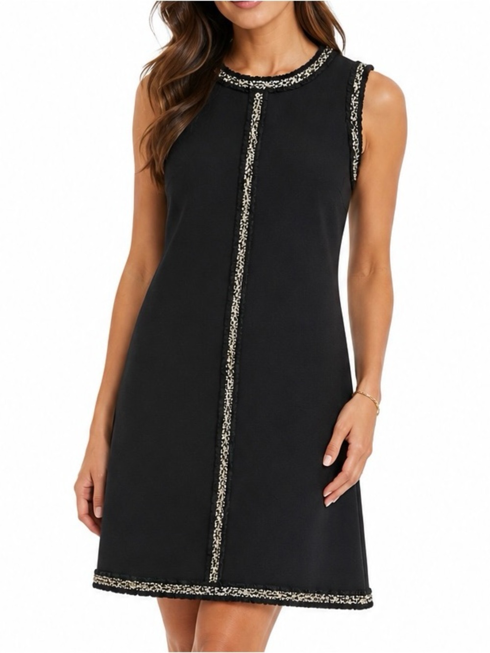 Katherine Barclay Black Sleeveless Shift Dress with Decorative Metallic-Trim